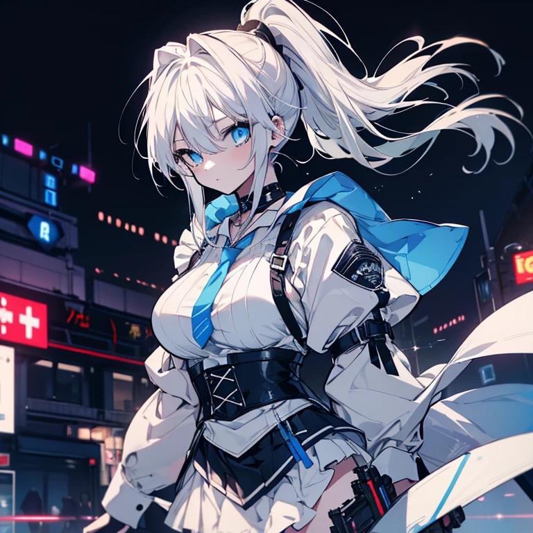 (Enrich the picture,Masterpiece level quality)Beautiful 8K CG artwork,1girl,solo,morgan le fay (fate),detailed face, perfect face, perfect eyes,blue eyes,Long Hair, pony tail,Very long hair, big boob, black bow,Hair Bow, thighs,side locks, French braid, grey hair,Slim and soft,big breasts,cleavage,hands in pocket,outdoors, night, neon lights,cyber punk,
