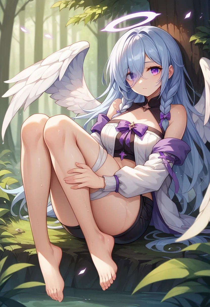 masterpeace, best quality, highres, 1girl, (purple eye:1.5), light blue hair, hair between eyes, long hair,  break asymmetrical clothes, barefoot, angel, wings background, black thighs, mini shorts, thighs, break looking at viewer, break outdoors, (forest_background:1.3), break (masterpiece:1.2), best quality, high resolution, unity 8k wallpaper, (illustration:0.8), (beautiful and delicate eye:1.6), very detailed face, perfect lighting, Highly detailed CG, (perfect hands, complete anatomy), (sexy:1.2), (cute_chest), alone, left eye covering by hair, hair covering left eye, one eye, LEFT EYE hidden by hair, twin braids, feet, shiny feet, curvy legs, shiny hair, shiny eye, wet skin, ribbon on leg, bang on left eye, bang covering one eye