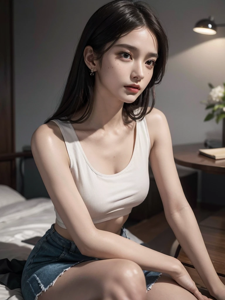 absurdres, RAW photo, extremely delicate and beautiful, masterpiece, Best Quality, ultra high resolution, 32k, hyperrealistic, ultra-detailed, perfect anatomy, super Detailed skin, perfect figure, Super Beauty, Perfect Style, Perfect balance, Beautiful Lighting, Perfect Lightning, Realistic Shadows, 20 years old, very Slim body, narrow waist, very small head, very small face, delicate facial features, handsome detailed woman, very detailed eyes and face, realistic face proportions, Realistic beautiful face, Realistic beautiful eyes, tearful mole, earring, very huge round breasts, legs, medium hair, asymmetrical hair, whole body shot, indoor, tank top, crop top, skirt, sleeveless, whole legs,