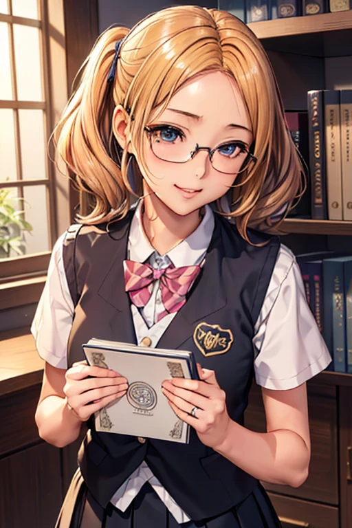 #基本
女of子がphotographofポーズをとっている, ((一人of女of子)), (((Baby Face:1.2)) + ((cute:1.3))),
#女of子がphotographofポーズをとっている, ((一人of女of子)), (((Baby Face)) + ((cute)) + 16 years old),
break
#Clothing Accessories
((黒of学生服:1.4) : (Student Blazer) + (Student vest) + Dress shirt + (赤ofネクタイ) + (Check Pleated Skirt) + (光沢ofある黒パンスト)), (Black Frame:1.1)of(Round Glasses:1.1), Black Loafers)
break
#Features
(Blonde:1.2), (額of見える前髪:1.4 + I can see a beautiful forehead:1.4), (Twin tails : Short Hair + Curly hair + ボサボサof髪 + Thin Hair + 赤of紐リボン),
(Droopy eyes, blue eyes), (Very small breasts),
break
#background environment
(noon, (学校of図書室, 本棚of側)),
#Facial Expression Pose
((smile), (Searching for a book on the shelf, Standing on tiptoes)),
#composition
((To the camera, 下からofフォーカス, Cowboy Shot)),
break
#体of部位of要素
(Slim figure),
(Detailed Hair, Beautiful Hair, Shiny Hair),
(double eyelid, Long eyelashes),
(細かい目of表現, Beautiful and delicate eyes, Sparkling eyes, 目of反射, Glitter Eyeliner),
(人間of耳),
(Beautiful Nose, Thin Nose),
(光沢ofある唇, Beautiful Lips, Thick lips, 光沢ofある唇, Natural Cheeks),
(Detailed face, 左右対称of顔立ち),
(Detailed skin, キメofある肌, Beautiful Skin, Glowing Skin),
break
#Quality Image Quality Common
(((Highest quality)), ((masterpiece)), ((Very detailed))), ((High resolution)), ((16K,1080P)),
(Anatomically correct), (Realistic), (3DCG),
#Quality image illustration
((comics, anime)), CG illustration,
#Quality image quality realistic
#(photo-Realistic:1.37), (Photorealistic), ((RAWphotograph)), (photograph),