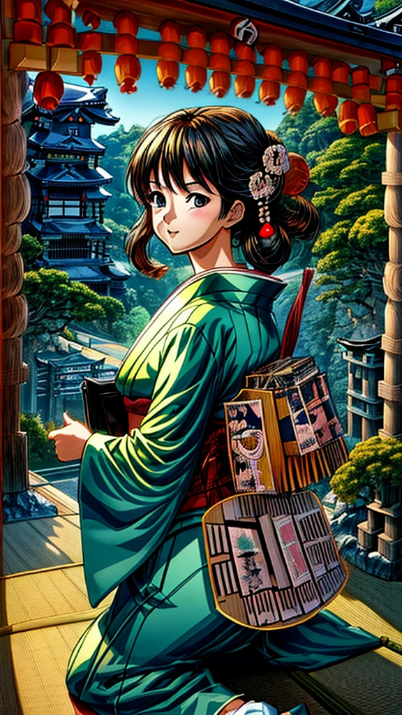 Best quality,(masterpiece:1,2),highres,original,perfect lighting,extremely detailed wallpaper,(extremely detailed CG:1.2),(Japanese manga style:2),Studio Ghibli,Hayao Miyazaki style,high saturation,rich details,A girl carrying a bag walking down the street,cartoon style,Japanese cartoon,