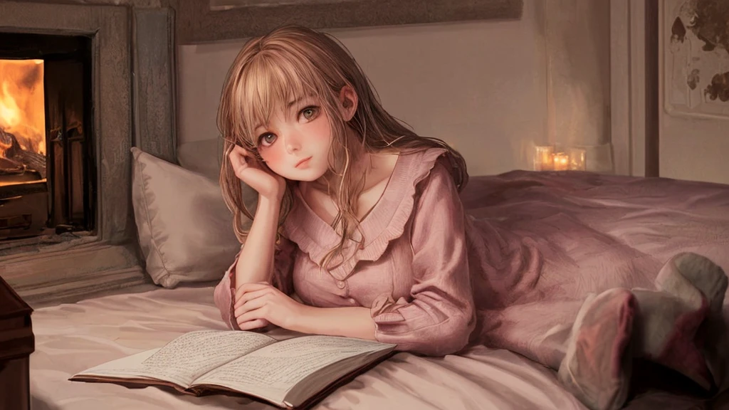 very beautiful girl studying on the cozy bed in the bedroom, dim atmosphere, fire place, birthday theme ornaments