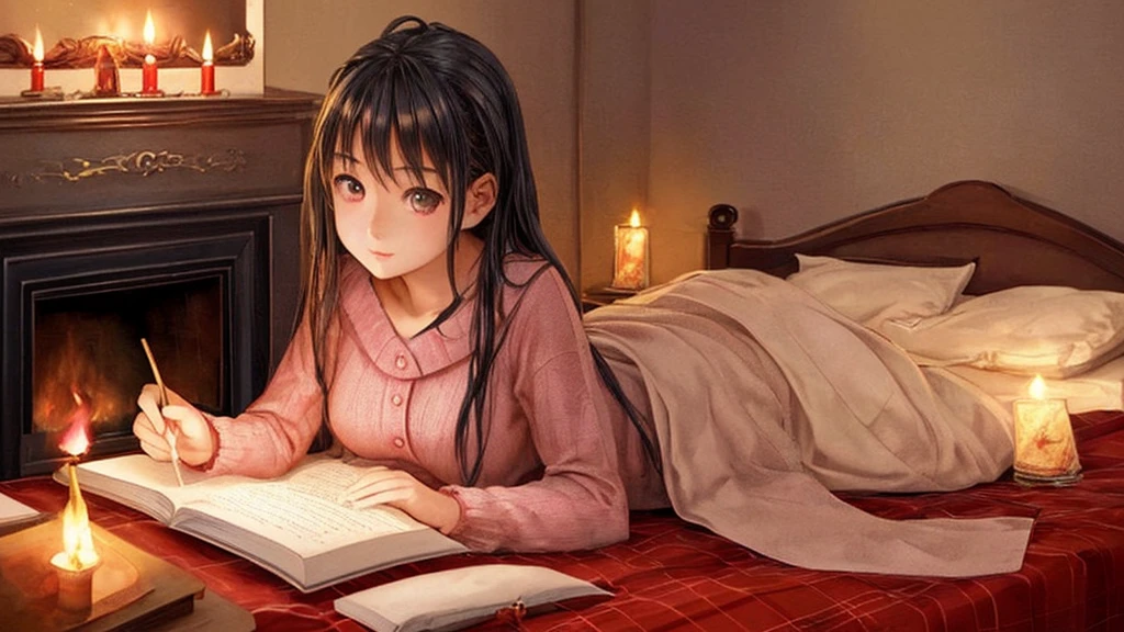 very beautiful girl studying on the cozy bed in the bedroom, dim atmosphere, fire place, birthday theme ornaments