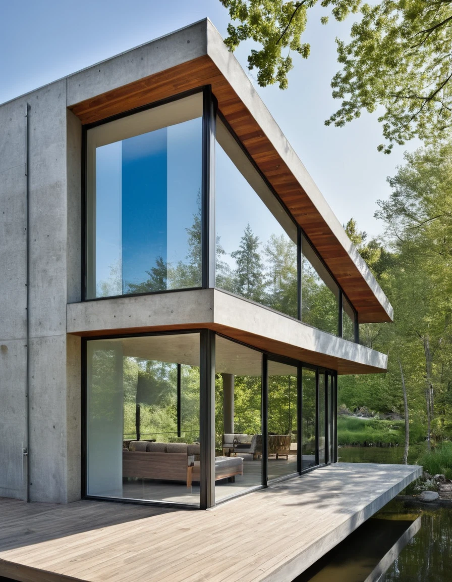Imagine a contemporary home, where steel, wood and light gray concrete harmonize perfectly. Brise-brise style windows, allowing natural light to dance through the space while maintaining privacy. From the spacious deck, the view opens up to a large, serene lake, reflecting the blue sky and surrounding trees. It's a spring afternoon, the gentle breeze carries the scent of flowers and the peaceful sound of water. The space is welcoming and relaxing, ideal for enjoying a good book or a coffee, in complete harmony with nature. Photography, Hyperrealism style
