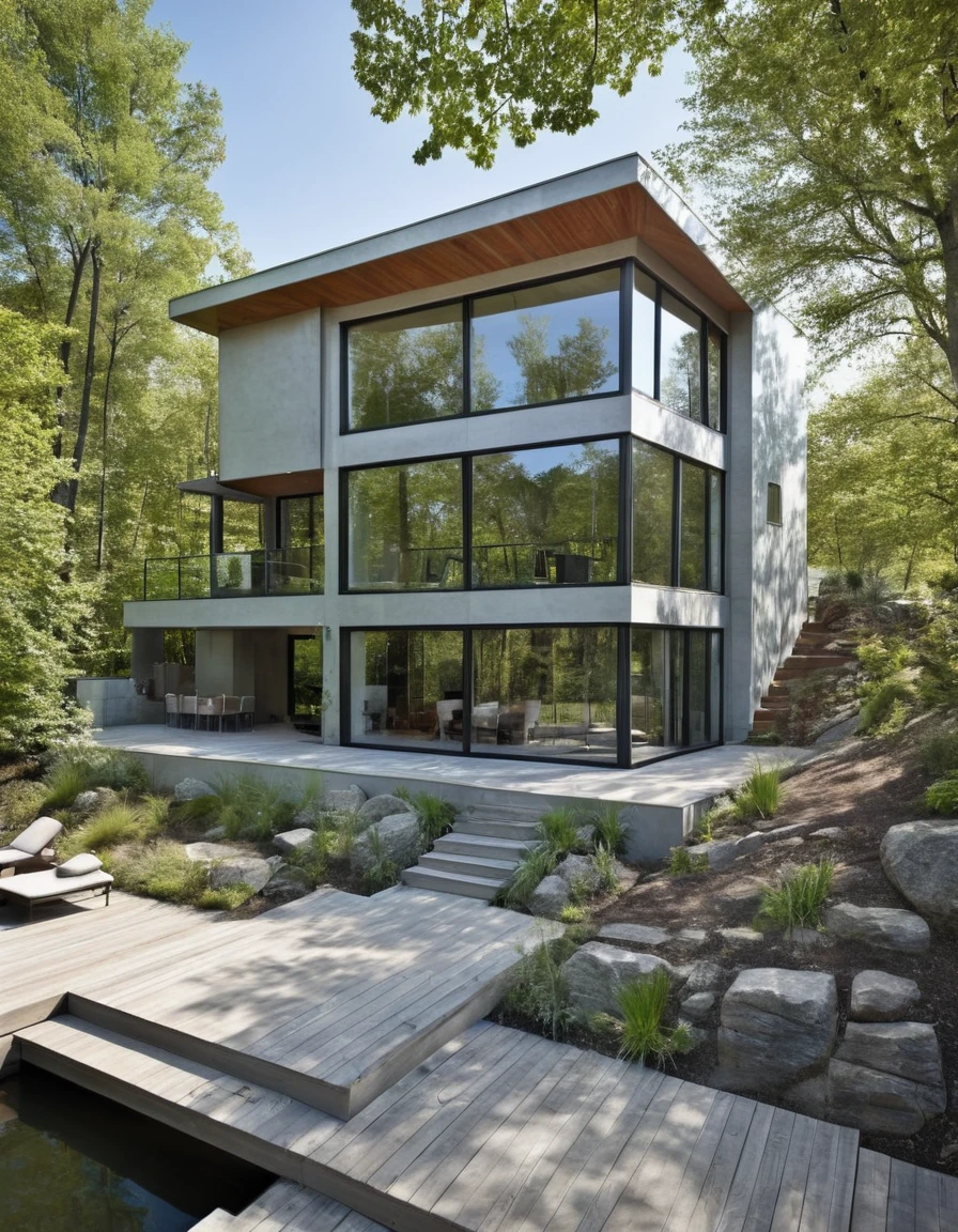 Imagine a contemporary home, where steel, wood and light gray concrete harmonize perfectly. Brise-brise style windows, allowing natural light to dance through the space while maintaining privacy. From the spacious deck, the view opens up to a large, serene lake, reflecting the blue sky and surrounding trees. It's a spring afternoon, the gentle breeze carries the scent of flowers and the peaceful sound of water. The space is welcoming and relaxing, ideal for enjoying a good book or a coffee, in complete harmony with nature. Photography, Hyperrealism style
