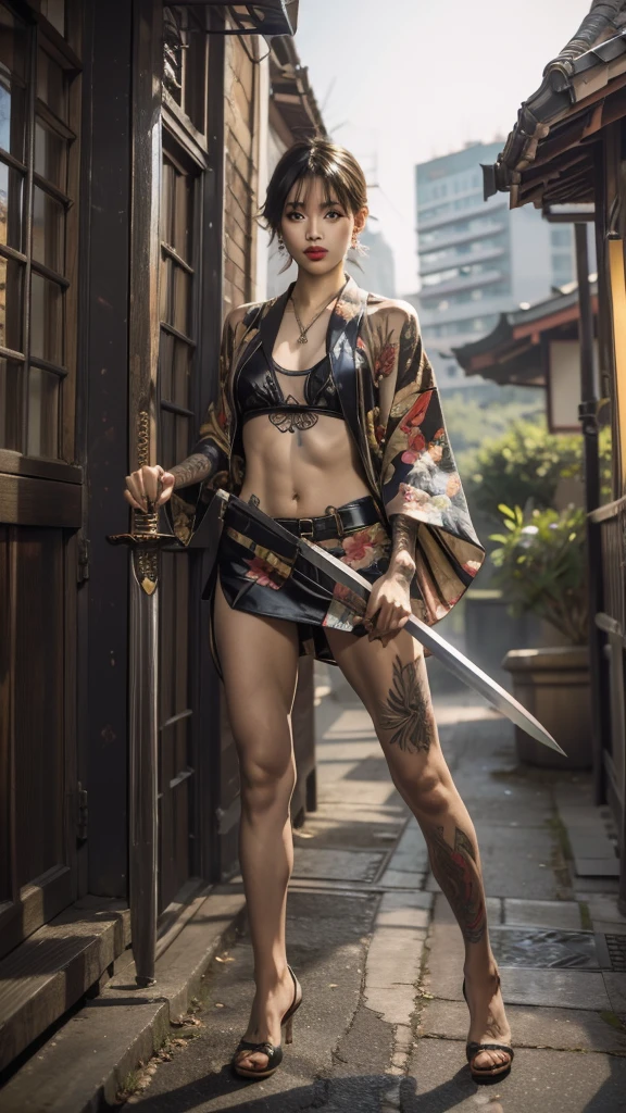 Beautiful Thai-Melanesian woman, (16 years old), pretty face, red lips,
BREAK,
Athletic feminine body, Female fitness model body, Hard toned feminine body, (muscles: 1.2), (beautiful navel),
BREAK,
Mixed martial arts, Kung fu fighter, Japanese idol,
BREAK,
(wearing cute kimono: 1.3), Red high heels, necklace, earrings, short length,
BREAK,
Short hair, (bob cut), (bangs: 1.2), (coloring),
BREAK,
(holding a very large sword in hand, holding a sword handle in hand, standing with a very large sword, raising a very large sword: 1.4),(Samurai in a fighting stance),
BREAK,
(large tattoos all over body, 80% of the body covered in Japanese tattoos: 1.4),
BREAK,
Masterpiece, perfect lighting, ultra-high resolution, 8K, (highly detailed: 1.4), From the front, looking at the camera, melancholy expression,
BREAK,
(Tokyo city, many people in the background), Tokyo city background,