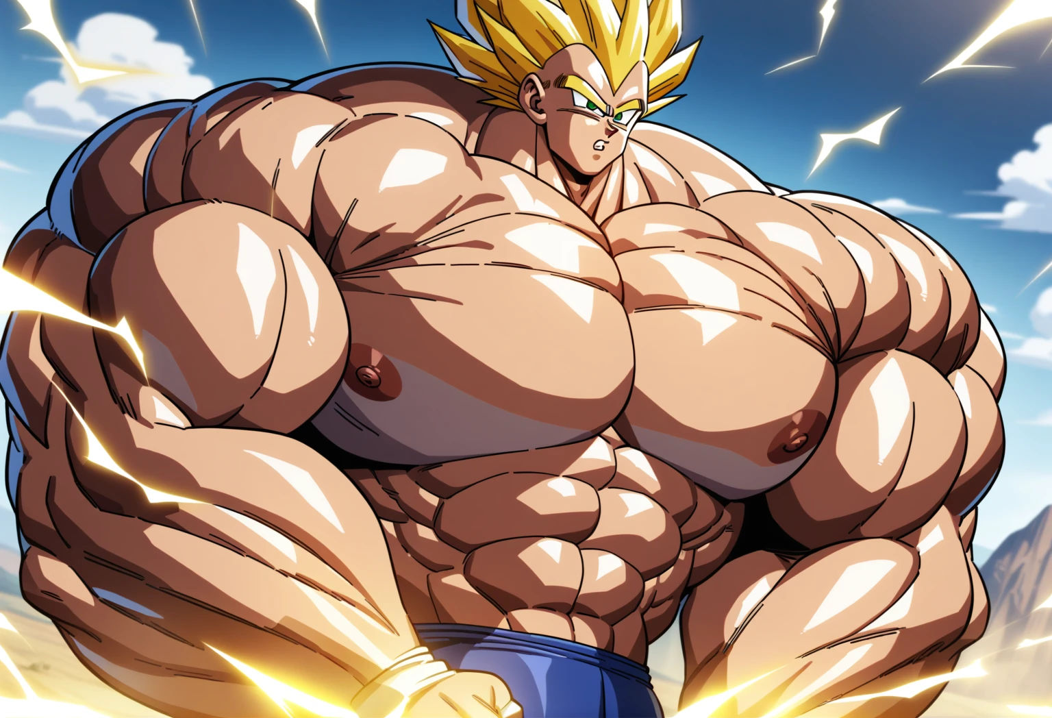 1boy, Vegeta, from Dragon Ball Z, masterpiece, best quality, very aesthetic, absurdres, saiyan, green eyes, spiked hair, (yellow hair:1.5), shirtless, blue skintight pants, white gloves, (huge muscles:2.5), dragonballartstyle, in the style of Akira Toriyama, white tiled floor, outdoors, flat-top mountains, nipples, yellow aura, electricity