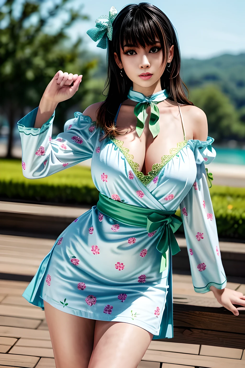 1girl, wearing a light blue floral print dress. The emphasis is on the design of the dress. The top section of the dress is in a wraparound style with a V-neckline and has long, sheer sleeves. There is a fabric belt or sash that is tied into a bow on the left side of the dress, accentuating the waistline. The bottom of the dress has a slight flare, creating a loose and flowing fit. The floral print consists of various flowers and leaves in shades of pink, white, and green, giving the garment a soft and feminine look. The background of the image is pure white, drawing attention to the details of the blouse,huge breasts,Nanami