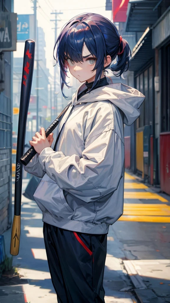 High neck oversized hoodie、Holding a baseball bat、Glare、look down、Alley