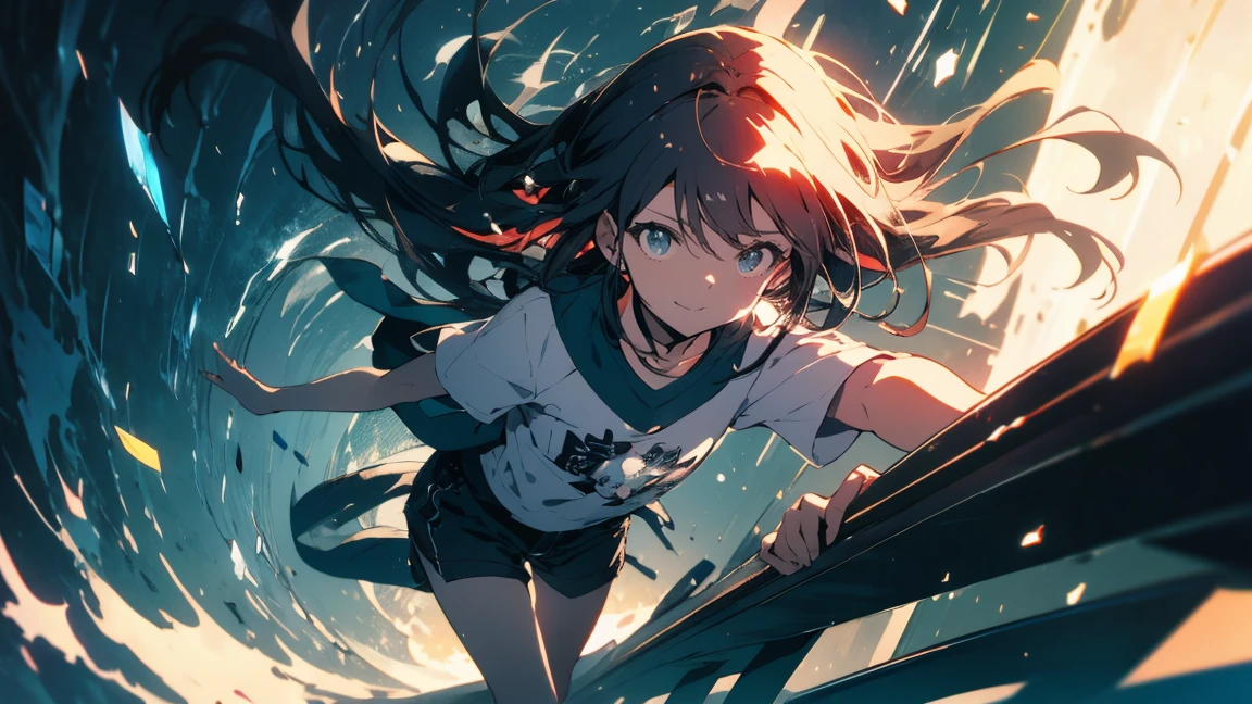 (Highest quality、masterpiece、High resolution、detailed)、(Shining Eyes、detailed美しい顔)、1 Girl、(T-Shirts,Shorts),smile,short boots,outskirts、Slope background、Beautiful Anime