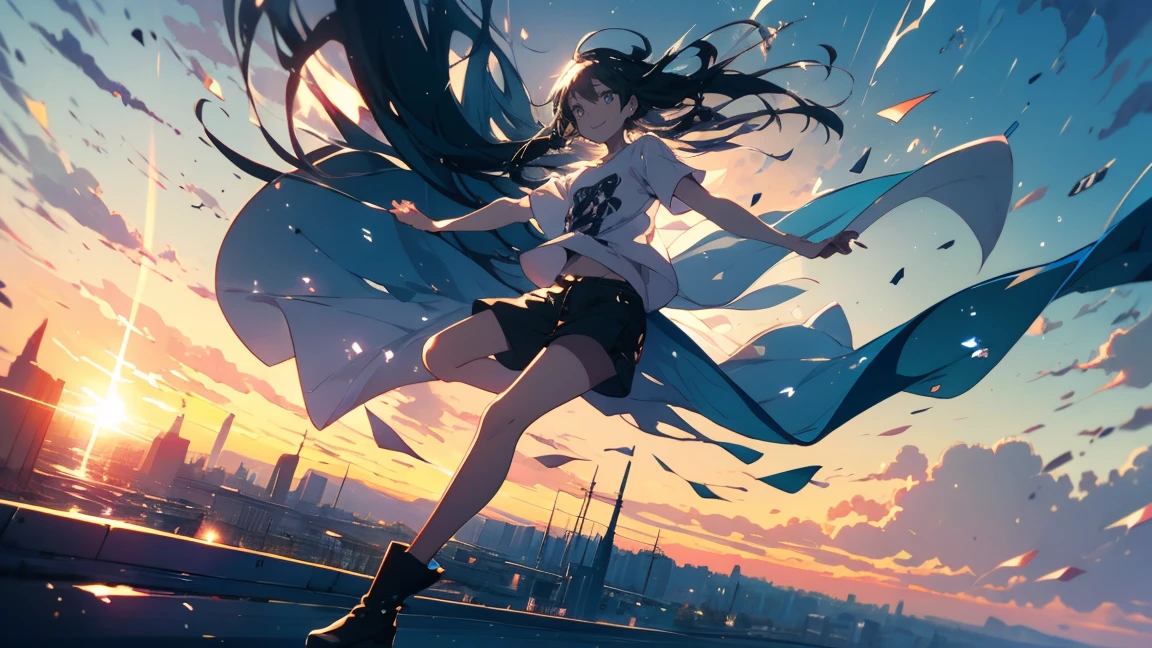 one person, Karate Stance,High Kick,Black Hair, ponytail, Slim body,Small breasts,Bad mood, Slanted Eyes, Character profile, high school student,Navy blue blazer,White blouse,Orange bow ribbon tie,Grey below-the-knee skirt,Vanishing Point, Ultra Wide Angle, Japanese illustration style, 