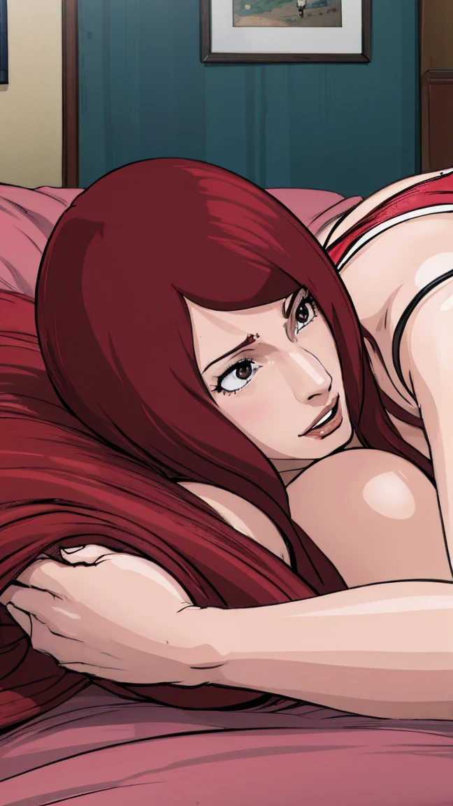 a cartoon of a woman with red hair is laying on a bed, an album cover inspired by Kusumi Morikage, pixiv, shin hanga, kushina,katarina, katsushika, kurisu makise, makise kurisu, 8 khd, doujin, 🐎🍑, kasumi arimura style 3/4, published art, promo art