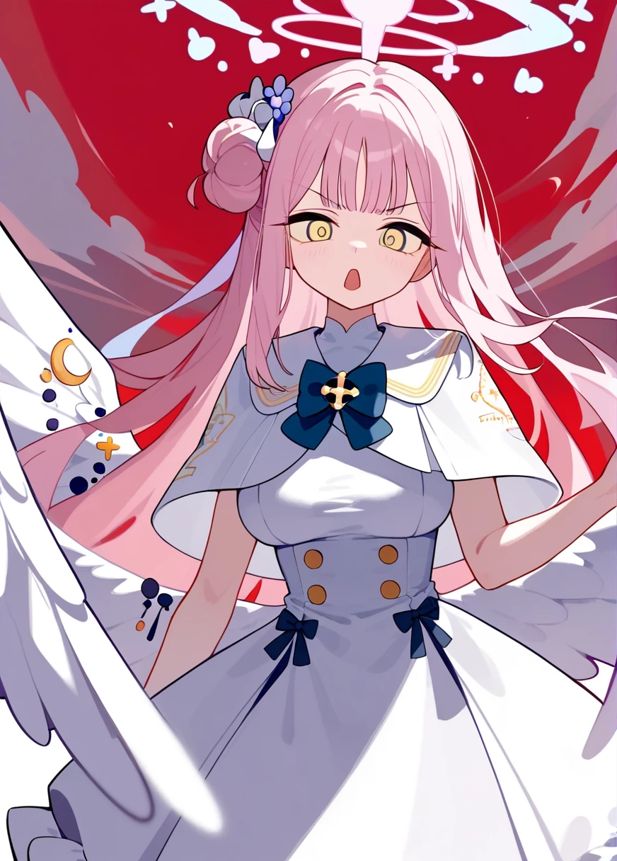 (score_9,score_8_up,score_7_up),1girl,highres,mika_\(blue_archive\),white_wings,feathered_wings,hair_flower,large_breasts,angel_wings,white_dress,low_wings, glaring eyes, open mouth, mysterious, blazing clothes, ding, deserted, dripping_blood_from_eyes, scorched earth, red sky, looking at camera