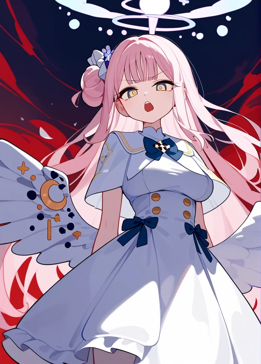 (score_9,score_8_up,score_7_up),1girl,highres,mika_\(blue_archive\),white_wings,feathered_wings,hair_flower,large_breasts,angel_wings,white_dress,low_wings, glaring eyes, open mouth, mysterious, blazing clothes, ding, deserted, dripping_blood_from_eyes, scorched earth, red sky, looking at camera