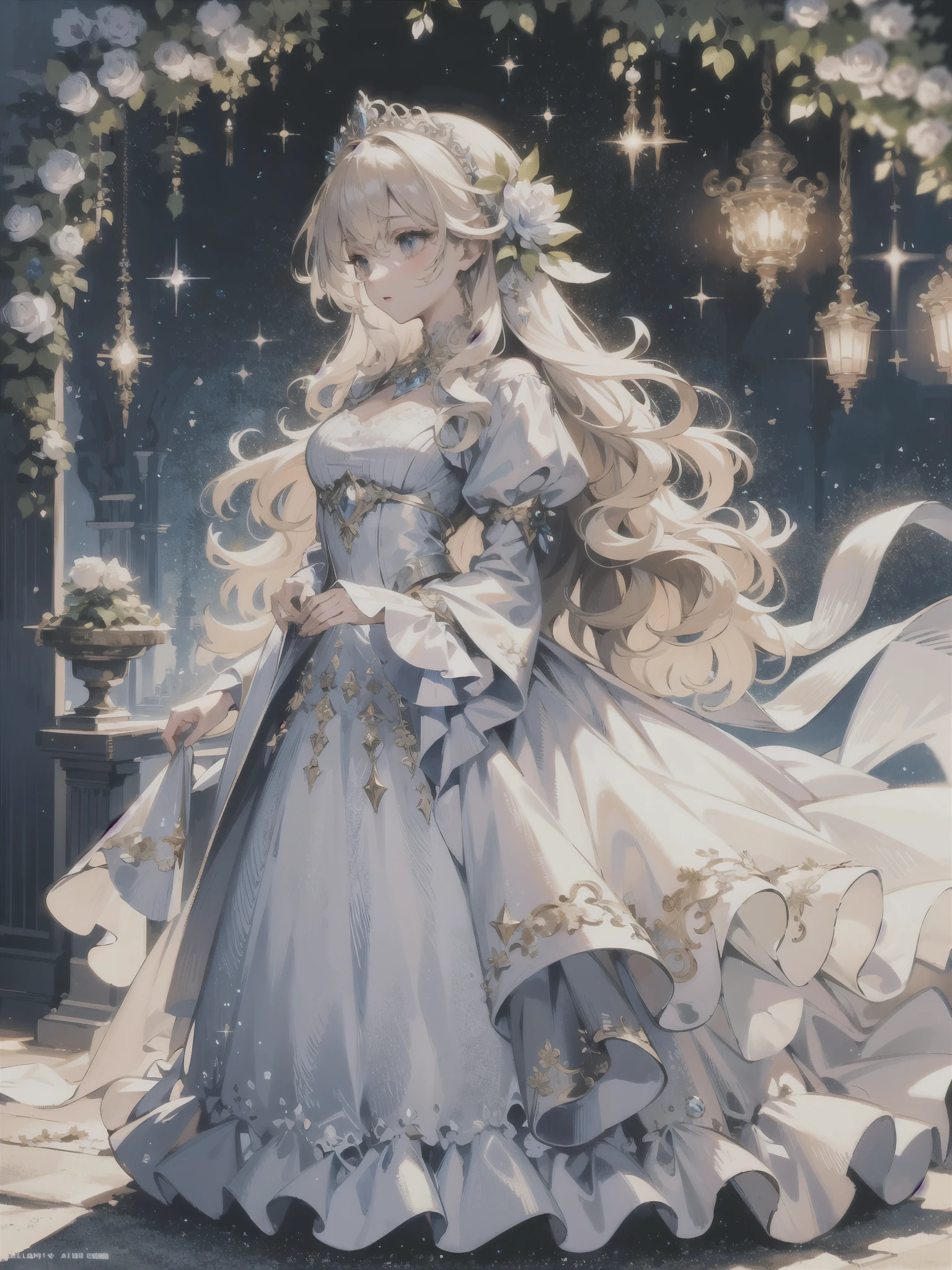 rococo, crystal clear, sparkling, otherworldly, (enchanting and magical), highres, ultra detailed, beautiful, masterpiece, best quality, (gorgeous:1.2), (dreamy), (ethereal:1.2), long flowing hair, delicate white lace dress, (tiara:1.2), (sunset) background, (soft) lighting, (romantic), (nostalgic:1.2), (serene), (mystical), (feminine), detailed shining light blue eyes, detailed shining dark yellow hair, impressive castle, towering turrets, winding bridges, flowing fountains, glittering chandeliers, ornate details, lush gardens, colorful flowers, magical creatures, dreamy atmosphere