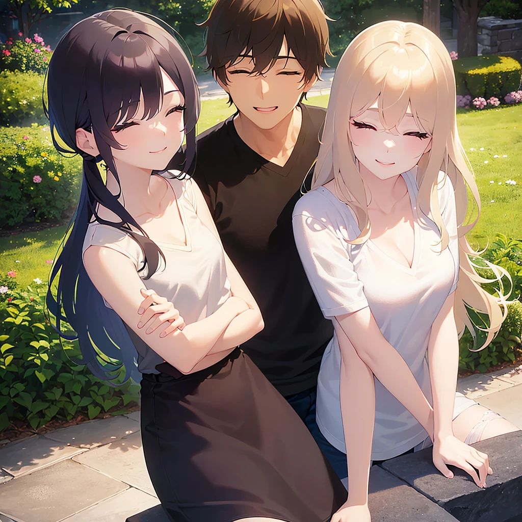 A couple laughing with their eyes closed、(Night Sky:1.5)、grass、(Night Park:1.5)、
Realistic, real person, (pale skin: 1.2), RAW photo, photorealistic, shiny skin, shiny hair、
BREAK(A 25-year-old woman with medium-length hair and bangs) and (wavy hair) and (brown hair) and(white) and (T-shirt) and (V neck) and cleavage and(smile with closed eyes)BREAK,
BREAK(30-year-old male:1.5) and (Black short hair)and(black) and (T-Shirts)and(smile with closed eyes)BREAK