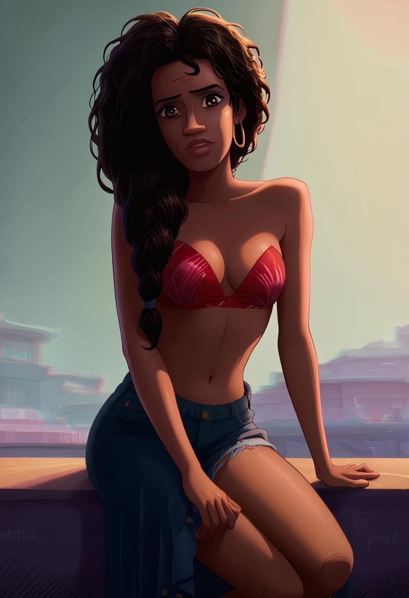 Morales River, 1 girl, 独奏, Bblack hair, darkskin, mulher de darkskin, bared shoulders, breasts big, strapless, bare arms, ssmile, plein-air, short top, tilt your head, tiro de cowboy, curvas ass, coxas nuas, ((Red Bikini)), facing the front, 1 girl, alone, ssmile saliente, gazing at viewer, fully body, pose, best qualityer, no flaws