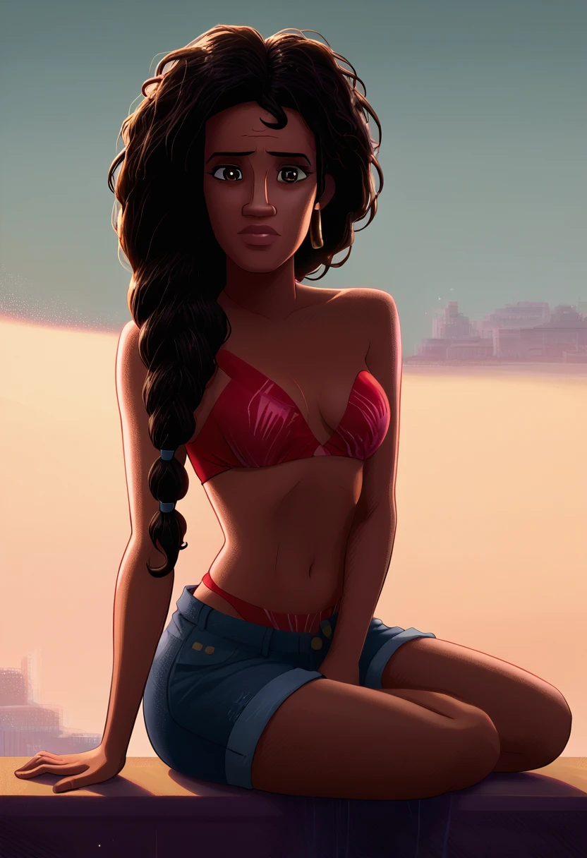 Morales River, 1 girl, 独奏, Bblack hair, darkskin, mulher de darkskin, bared shoulders, breasts big, strapless, bare arms, ssmile, plein-air, short top, tilt your head, tiro de cowboy, curvas ass, coxas nuas, ((Red Bikini)), facing the front, 1 girl, alone, ssmile saliente, gazing at viewer, fully body, pose, best qualityer, no flaws