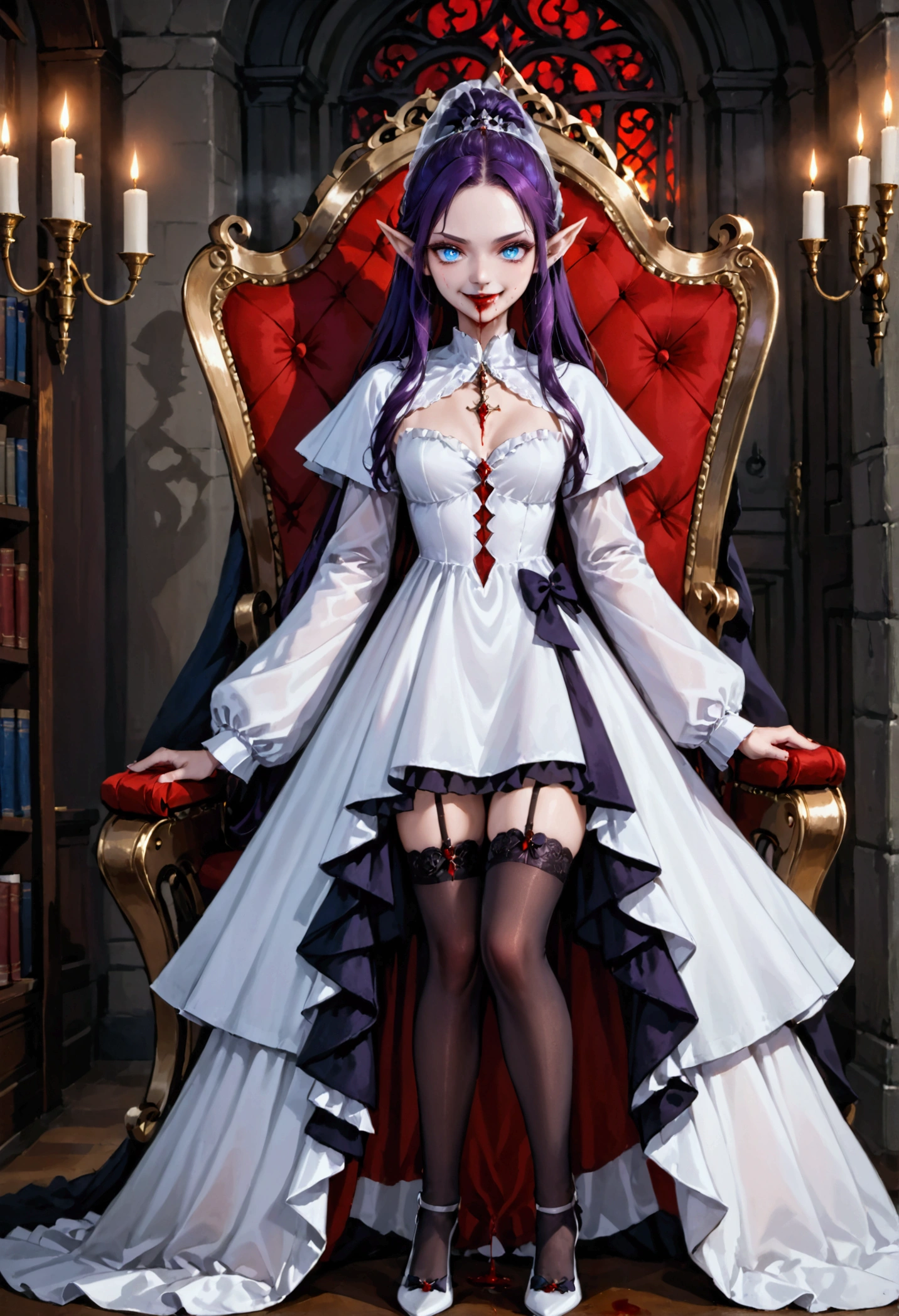 arafed a picture of elf vampire in her castle. an exquisite beautiful female elf vampire (ultra details, Masterpiece, best quality), full body, ((anatomically correct: 1.5) bloody mouth, purple hair, pale skin, hair in a ponytail, long hair, blue eyes, (small pointed ears: 1.2), cold eyes, smirking, wearing white dress (ultra details, Masterpiece, best quality), red cloak, wearing high heels, in dark fantasy library, book shelves, vibrant, Ultra-high resolution, High Contrast, (masterpiece:1.5), highest quality, Best aesthetics), best details, best quality, highres, ultra wide angle, 16k, [ultra detailed], masterpiece, best quality, (extremely detailed) RAW, dark fantasy art, gothic art, wearing Haute_Couture designer dress, Dark Novel, Dark Art Painting Style, dripping blood, hud_s1n, short black dress, long sleeves, veil, thighhighs, digital painting
