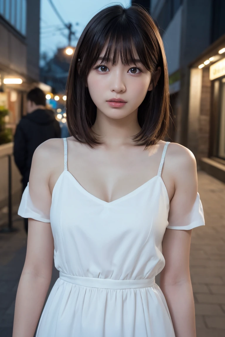 masterpiece、1 beautiful girl、Detailed eyes、Puffy eyes、Highest quality, 超High resolution, (Reality: 1.4), Cinema Lighting、Japanese、Asian Beauty、Korean、Super Beauty、Beautiful Skin、Slender、Body facing forward、(Surreal)、(High resolution)、(8k)、(Very detailed)、(Beautiful and detailed eyes)、(Ultra-detailed)、 (wallpaper)、Detailed face、Bright lighting、Professional Lighting、View your viewers、Look straight ahead、The outfit is a clean light orange shirt and dress.....、46 point diagonal bangs、Night Scenery、Brown Hair、Nogizaka Idol、Korean Idol、Gravure idol pose、、Age 25、expensive,