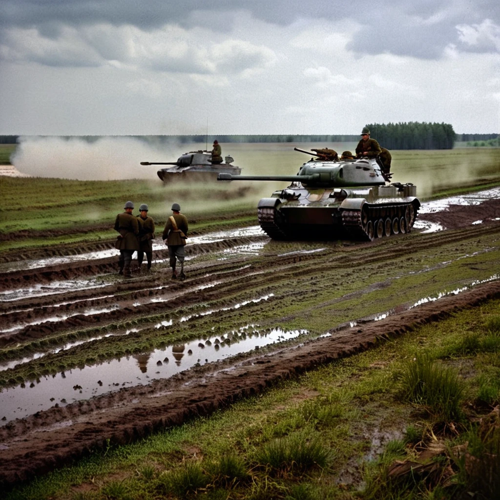 soldiers in uniform stand near a tank in a muddy field, stormy and grand war scene, battlefield scene, battlefield landscape, war landscape, battlefield background, war photo, realistic apocalyptic war scene, by Ludwik Konarzewski, ww 2 historical photography, ww2 historical photography, background battlefield, war scene, wartime footage, war scenes, german and soviet tanks firing