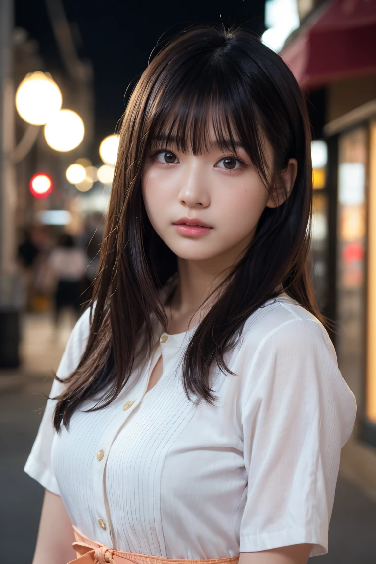 masterpiece、1 beautiful girl、Detailed eyes、Puffy eyes、Highest quality, 超High resolution, (Reality: 1.4), Cinema Lighting、Japanese、Asian Beauty、Korean、Super Beauty、Beautiful Skin、Slender、Body facing forward、(Surreal)、(High resolution)、(8k)、(Very detailed)、(Beautiful and detailed eyes)、(Ultra-detailed)、 (wallpaper)、Detailed face、Bright lighting、Professional Lighting、View your viewers、Look straight ahead、The outfit is a clean light orange shirt and dress.....、46 point diagonal bangs、Night Scenery、Brown Hair、Nogizaka Idol、Korean Idol、Gravure idol pose、、Age 25、expensive,