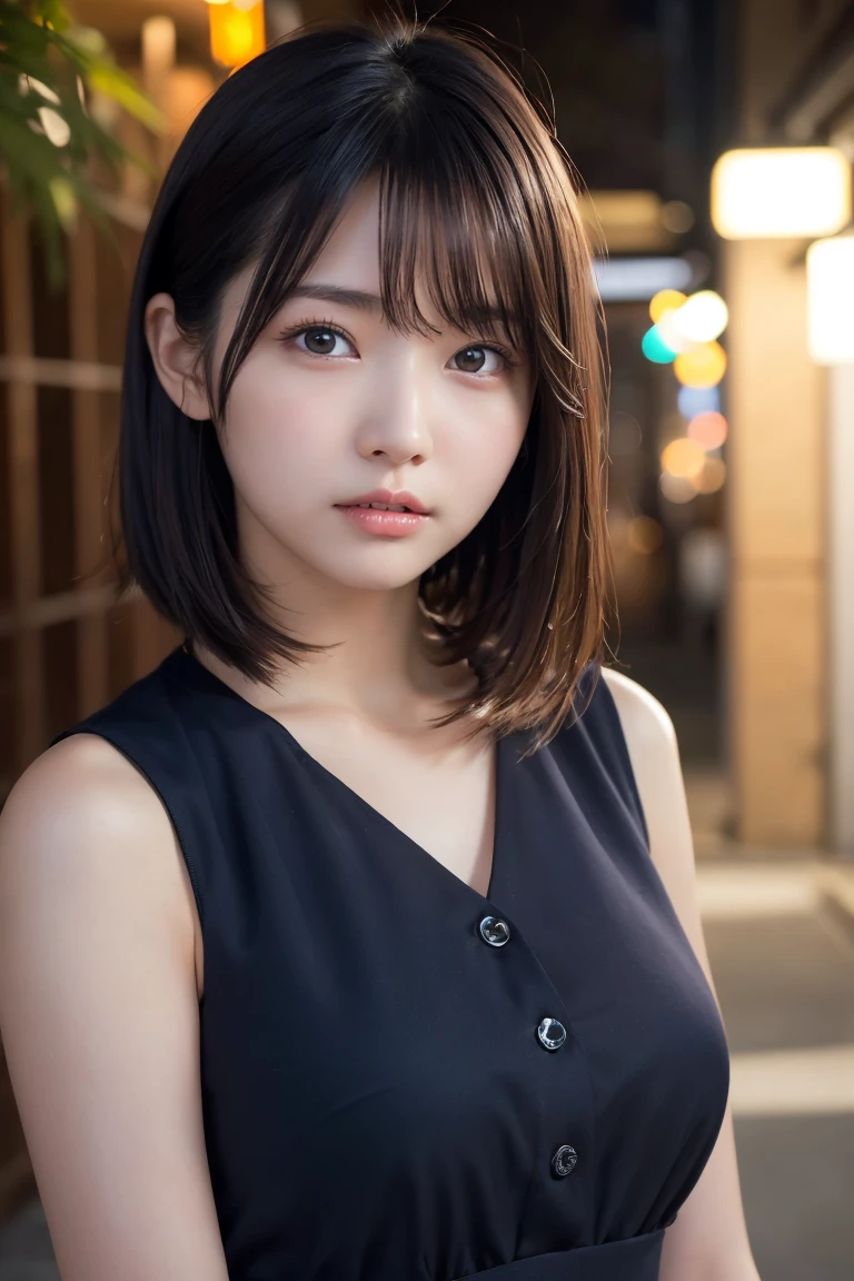 masterpiece、1 beautiful girl、Detailed eyes、Puffy eyes、Highest quality, 超High resolution, (Reality: 1.4), Cinema Lighting、Japanese、Asian Beauty、Korean、Super Beauty、Beautiful Skin、Slender、Body facing forward、(Surreal)、(High resolution)、(8k)、(Very detailed)、(Beautiful and detailed eyes)、(Ultra-detailed)、 (wallpaper)、Detailed face、Bright lighting、Professional Lighting、View your viewers、Look straight ahead、The outfit is a clean light orange shirt and dress.....、46 point diagonal bangs、Night Scenery、Brown Hair、Nogizaka Idol、Korean Idol、Gravure idol pose、、Age 25、expensive,