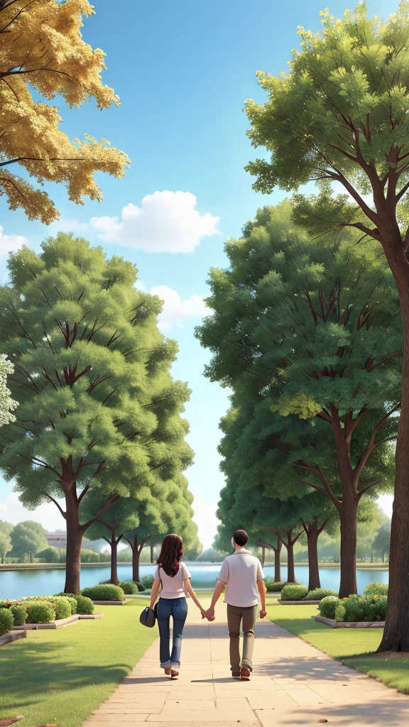 A couple walking in a beautiful park. 