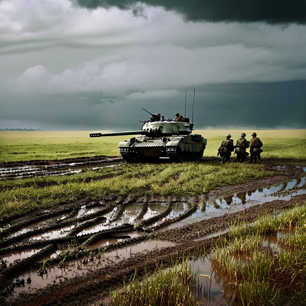 soldiers in uniform stand near a tank in a muddy field, a detailed matte painting by Ludwik Konarzewski, shutterstock contest winner, digital art, stormy and grand war scene, battlefield scene, battlefield landscape, war landscape, war photo, battlefield background, realistic apocalyptic war scene, ww 2 historical photography, ww2 historical photography, background battlefield, war scene