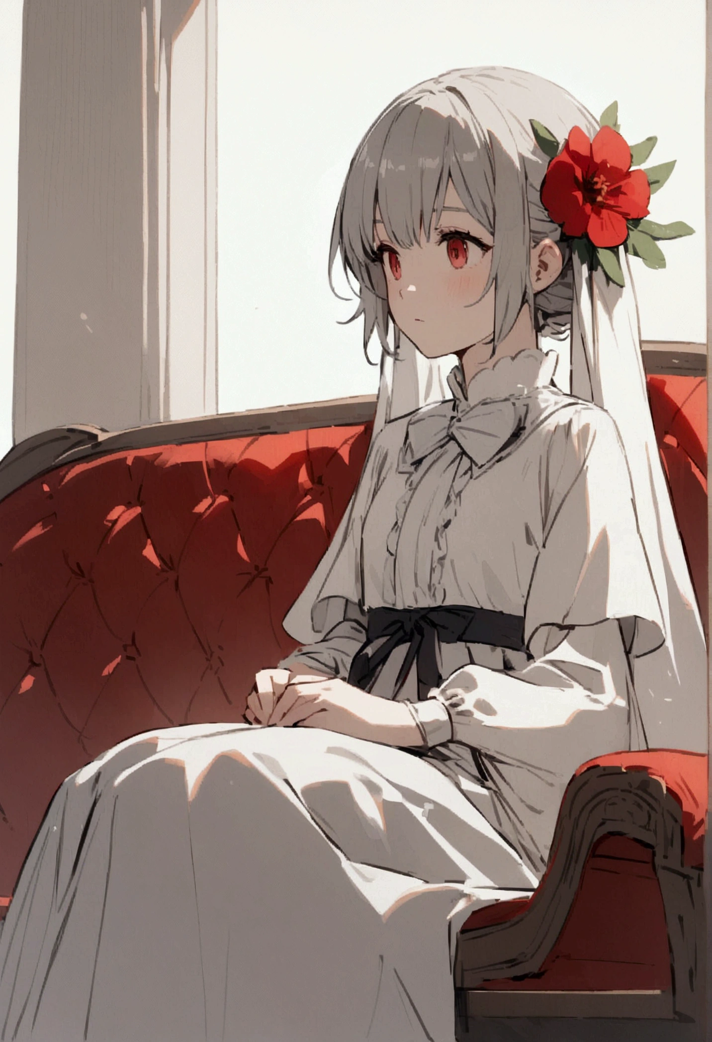 Light gray background Red flower Girl sitting on a bench simple