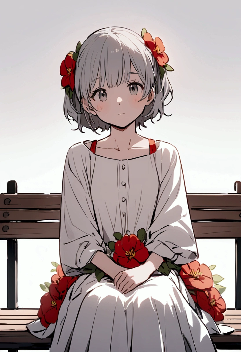 Light gray background　Red flower　Girl sitting on a bench　simple　