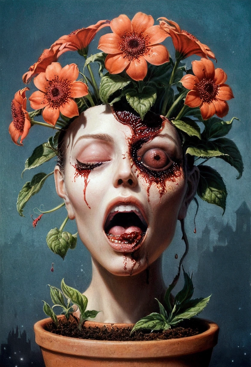 scary picture,Woman's head in a flower pot,No eyeballs,open mouth,bleed,night,