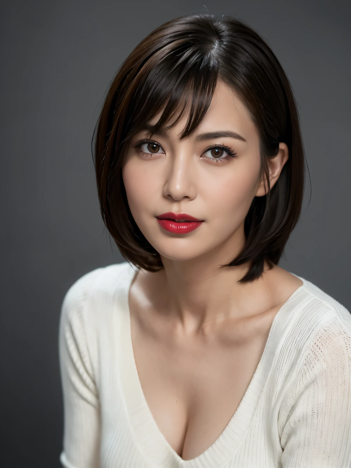 Tabletop, Highest quality, Realistic, Very detailed, finely, High resolution, 8k wallpaper, RAW Photos, Professional, High level of detail, 1 girl, (((Black and white photography))), (((Red lips))), ((Looking into the camera)), (((Facing forward))), Upper Body, short hair, Bob Hair, (Straight hair), Shapely breasts, Cleavage, V-neck light knit sweater
