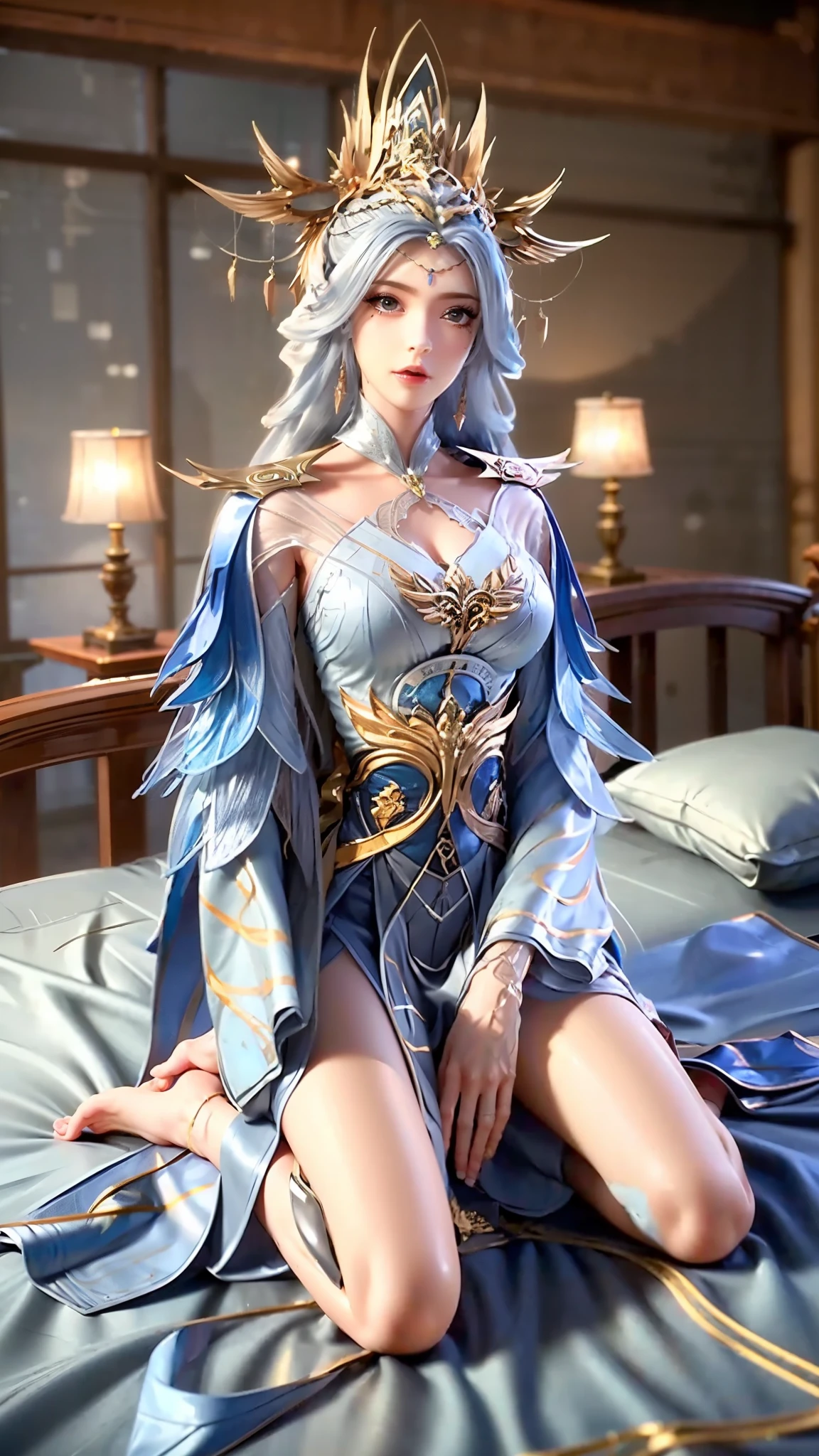 best quality,masterpiece,The Ultimate Solution,Fluffy,Extremely colorful,Mature beautiful woman,(Dress school uniform),Lace skirt,(Beautiful woman beheaded),Normal posture,(Kneeling),Kneeling on the bed,shackles,Beheading,collar ,barefoot,Normal posture,(((Light blue long hair)))