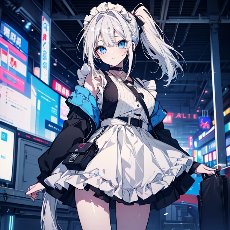 1 girl、、Ample breastHair、Blue Eyes、White Hair、Look to the side、ponytail、ハイponytail、Maid clothes、cyber punk、Near future、Miniskirt、Holding a rifle、Arm Covers、Pointed handbag、Cinema Lighting、Like a jewel、choker、High resolution、Highest quality
