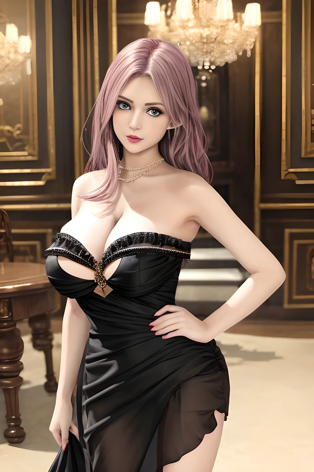 1girl is wearing an elegant black strapless dress. The dress is beautifully designed with ruching on the bodice and a cascading ruffled asymmetrical hem, adding a playful and chic touch to the outfit. The person is standing upright, with one hand gently touching their leg and the other hand relaxed by their side. The background is plain and neutral, drawing attention to the dress itself. The lighting is soft, highlighting the details of the dress and creating a fashionable and stylish atmosphere,, huge breasts, elise