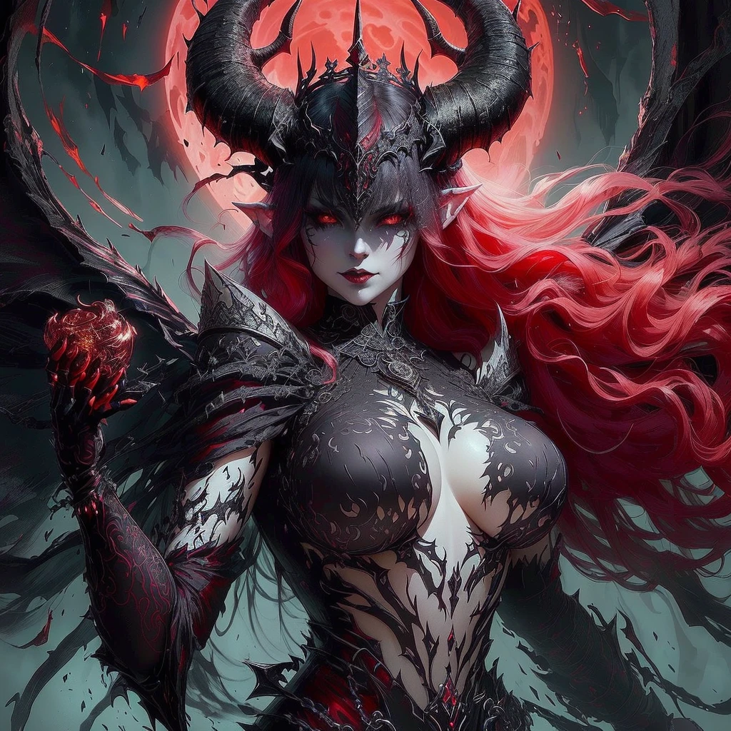 a close up of a woman with horns and a demon face, white horns queen demon, beautiful elegant demon queen, dark fantasy style art, gothic fantasy art, dark fantasy art, dark fantasy artwork, diablo 4 lilith, succubus | medieval, fantasy dark art, goddess of the underworld, demoness, succubus, demon woman, beautiful succubus, large breasts