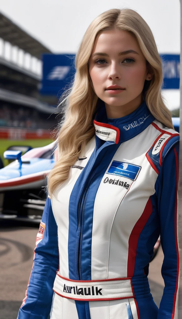 racer jumpsuit, ((blue shirt)), formula 1 pilot, (full body, ultra-detailed),standing next to a formula 1 racing car, in front of the camera, ((perfect eyes, detailed eyes,realistic eyes)), (masterpiece, best quality, ultra-detailed, best shadow), high contrast, (best illumination), ((cinematic light)), colorful, hyper detail, dramatic light, intricate details, (1 girl, solo) , ultra detailed artistic photography, dreamy, backlit, shadows, ultra high definition, 8k, ultra sharp focus, ultra high quality model, soft lighting, film photography, analogue photography, hyperrealism,, ((sharp face, detailed face, realistic face, naturtal skin, realistic skin, detailed skin, pores)), large breast, 25 years old very beautiful american girl, long straight blonde hair