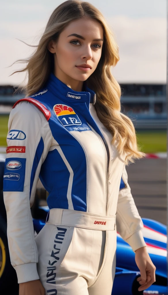 racer jumpsuit, ((blue shirt)), formula 1 pilot, (full body, ultra-detailed),standing next to a formula 1 racing car, in front of the camera, ((perfect eyes, detailed eyes,realistic eyes)), (masterpiece, best quality, ultra-detailed, best shadow), high contrast, (best illumination), ((cinematic light)), colorful, hyper detail, dramatic light, intricate details, (1 girl, solo) , ultra detailed artistic photography, dreamy, backlit, shadows, ultra high definition, 8k, ultra sharp focus, ultra high quality model, soft lighting, film photography, analogue photography, hyperrealism,, ((sharp face, detailed face, realistic face, naturtal skin, realistic skin, detailed skin, pores)), large breast, 25 years old very beautiful american girl, long straight blonde hair