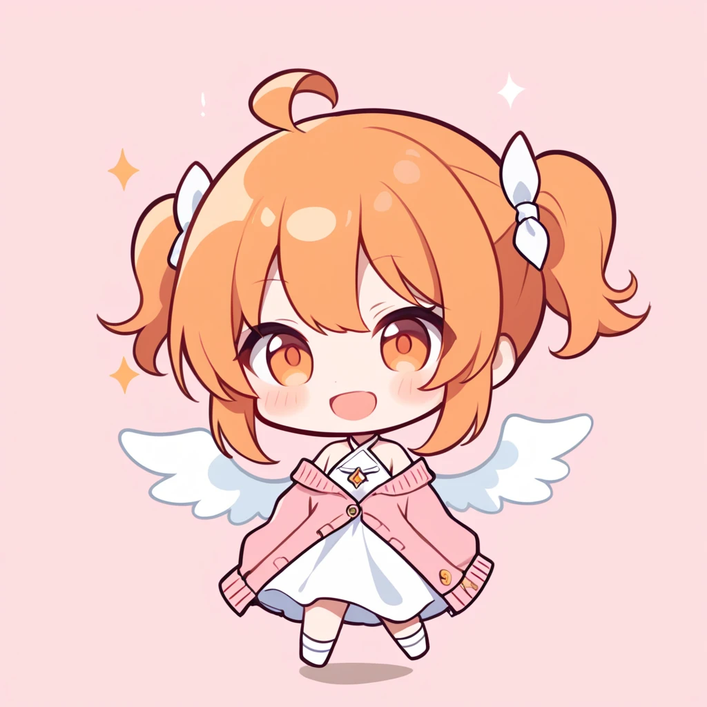 orange hair, orange eyes,girl,Pigtails with the ends tied up,laugh, Chibi, little witch, 1 woman,halterneck,White dress,pink cardigan,panties,Angel Wings