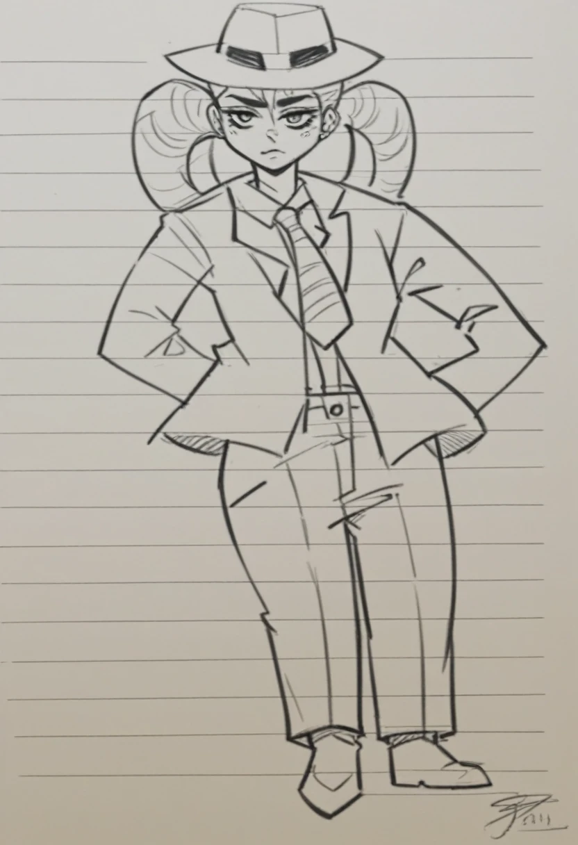 drawing of a woman in a hat and tie with a jacket and tie, girl in suit, girl in a suit, full body character drawing, full body drawing, clear outfit design, mid body portrait, hand on hips, tall female emo art student, full body portrait of a short!, character posing for concept art, character design sketch, subject detail: wearing a suit