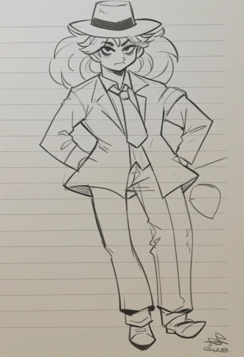 drawing of a woman in a hat and tie with a jacket and tie, girl in suit, girl in a suit, full body character drawing, full body drawing, clear outfit design, mid body portrait, hand on hips, tall female emo art student, full body portrait of a short!, character posing for concept art, character design sketch, subject detail: wearing a suit
