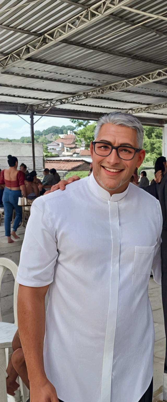 Tall man, strong body, smiling, black glasses, no beard, short gray hair, wearing a priest's costume and on a white background