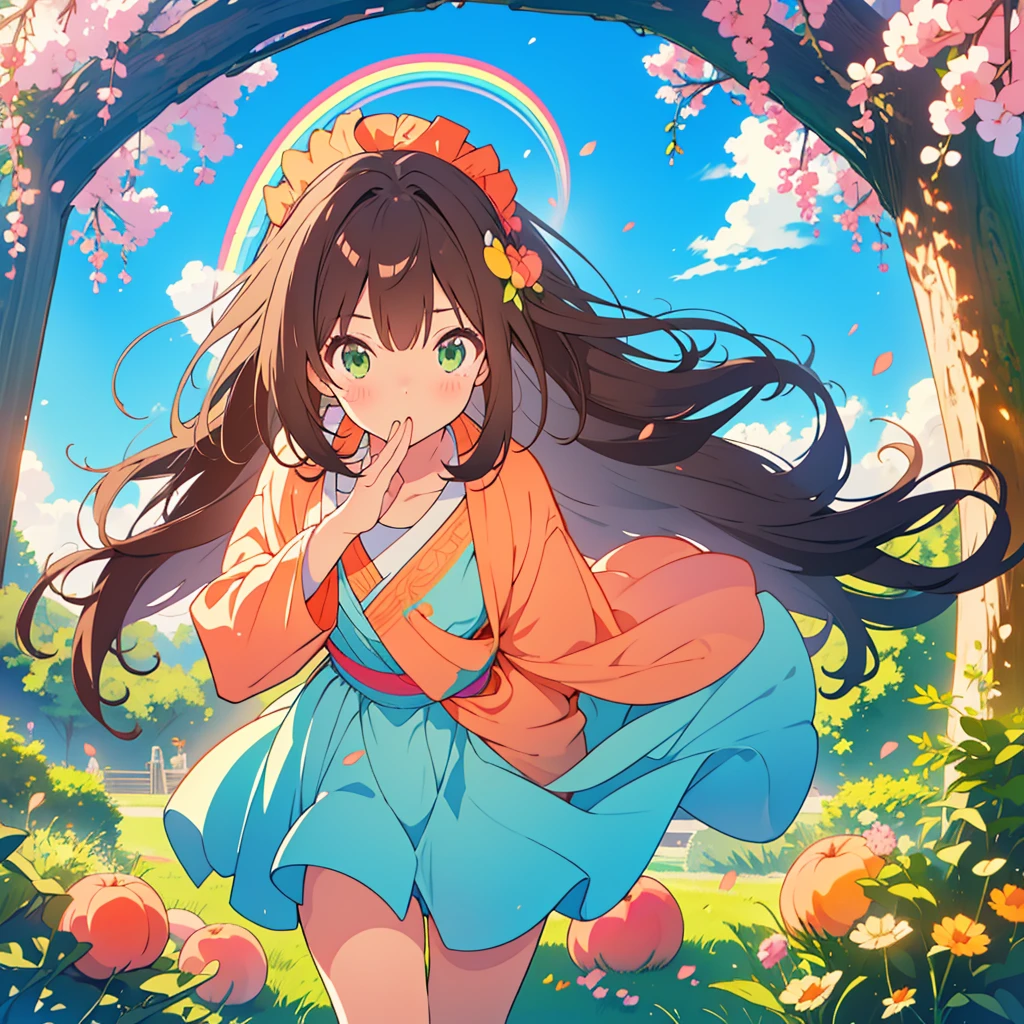 kawaii, anime, Cute, hyper quality, highly detailed, 8k, Clarity, dark brown long hair, green eyes, Stinking eyes, peek out one's face, leaning forward, upper body, Draw facial expressions in detail, upward glance, stare at me, bite a peach, peach tree, heaven, Celestial maiden's robe, eat a peach with your mouth open, big peach tree, blue sky, a rainbow appears,
