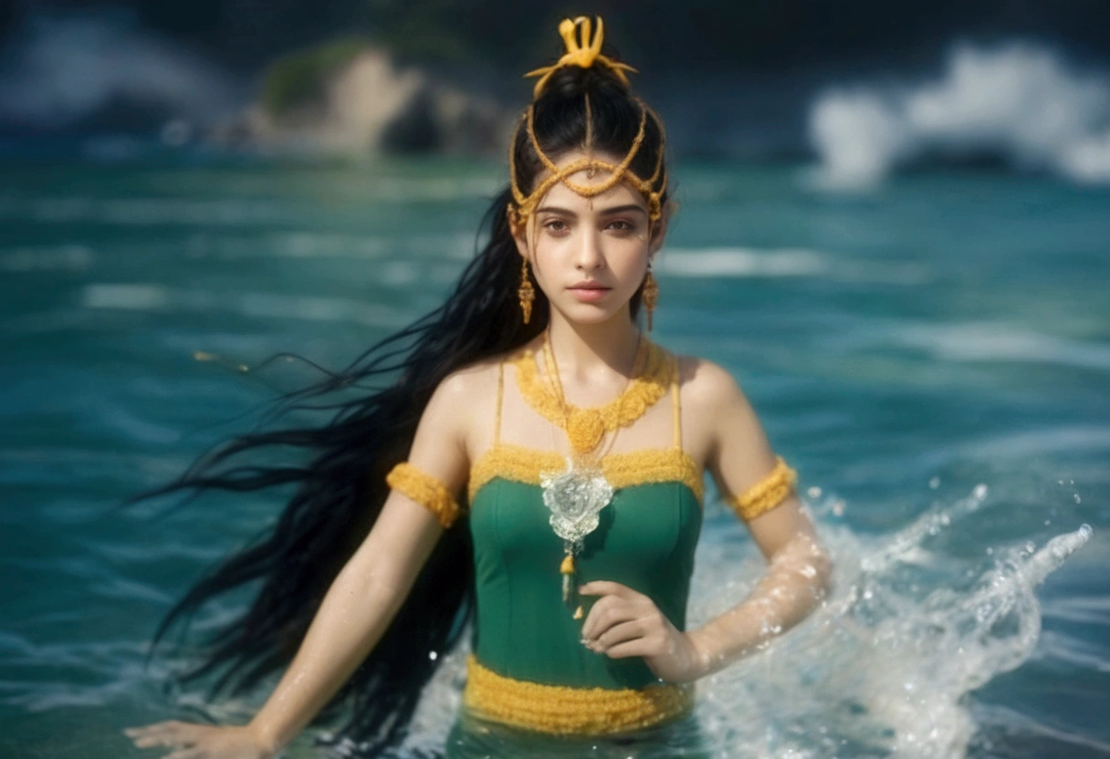 cinematic photo of cinematic photo of Girl with black hair and brown eyes, standing partially submerged in the ocean on a beach with a blurry background, under the bright daylight with a photorealistic style, gazing at the viewer, wearing no outwear, alone with the water around her, with a focus on her forehead, nose, and lips, giving a realistic depth of field effect, 35mm photograph, film, bokeh, professional, 4k, highly detailed