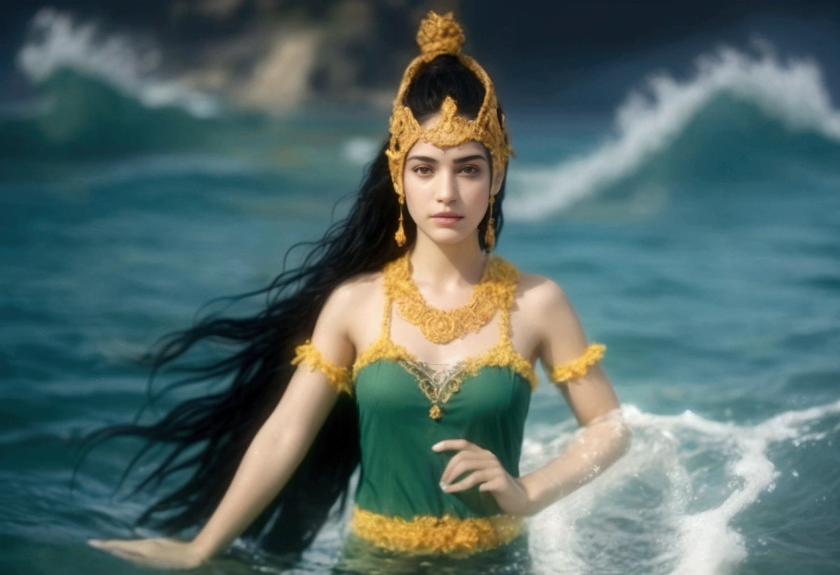 cinematic photo of cinematic photo of Girl with black hair and brown eyes, standing partially submerged in the ocean on a beach with a blurry background, under the bright daylight with a photorealistic style, gazing at the viewer, wearing no outwear, alone with the water around her, with a focus on her forehead, nose, and lips, giving a realistic depth of field effect, 35mm photograph, film, bokeh, professional, 4k, highly detailed