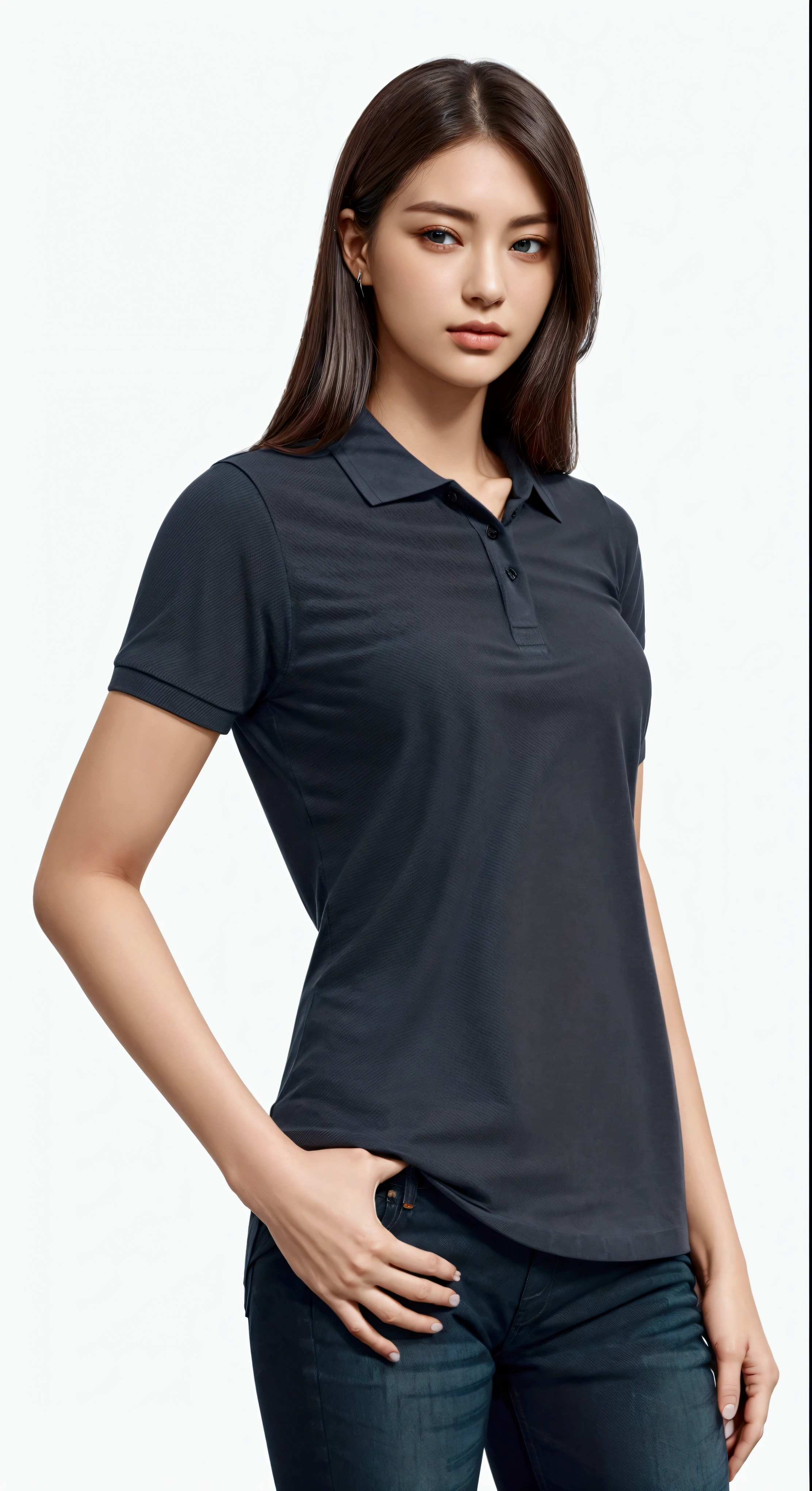 a woman in a gray shirt and jeans posing for a picture, wearing polo shirt, blackw, collar shirt, antracite, wearing a dark blue polo shirt, perfect  detail, manga curta, meia imagem, gray dark, detailed photo, detailed photo com zoom, gray shirt, Full-body close-up, shot close to the body, in a dark teal polo shirt