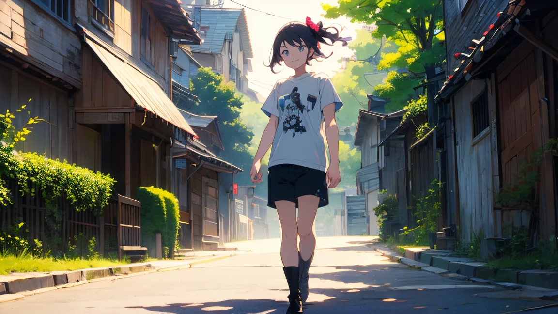 (Highest quality、masterpiece、High resolution、detailed)、(Shining Eyes、detailed美しい顔)、1 Girl、(T-Shirts,Shorts),smile,short boots,outskirts、Slope background、Beautiful Anime