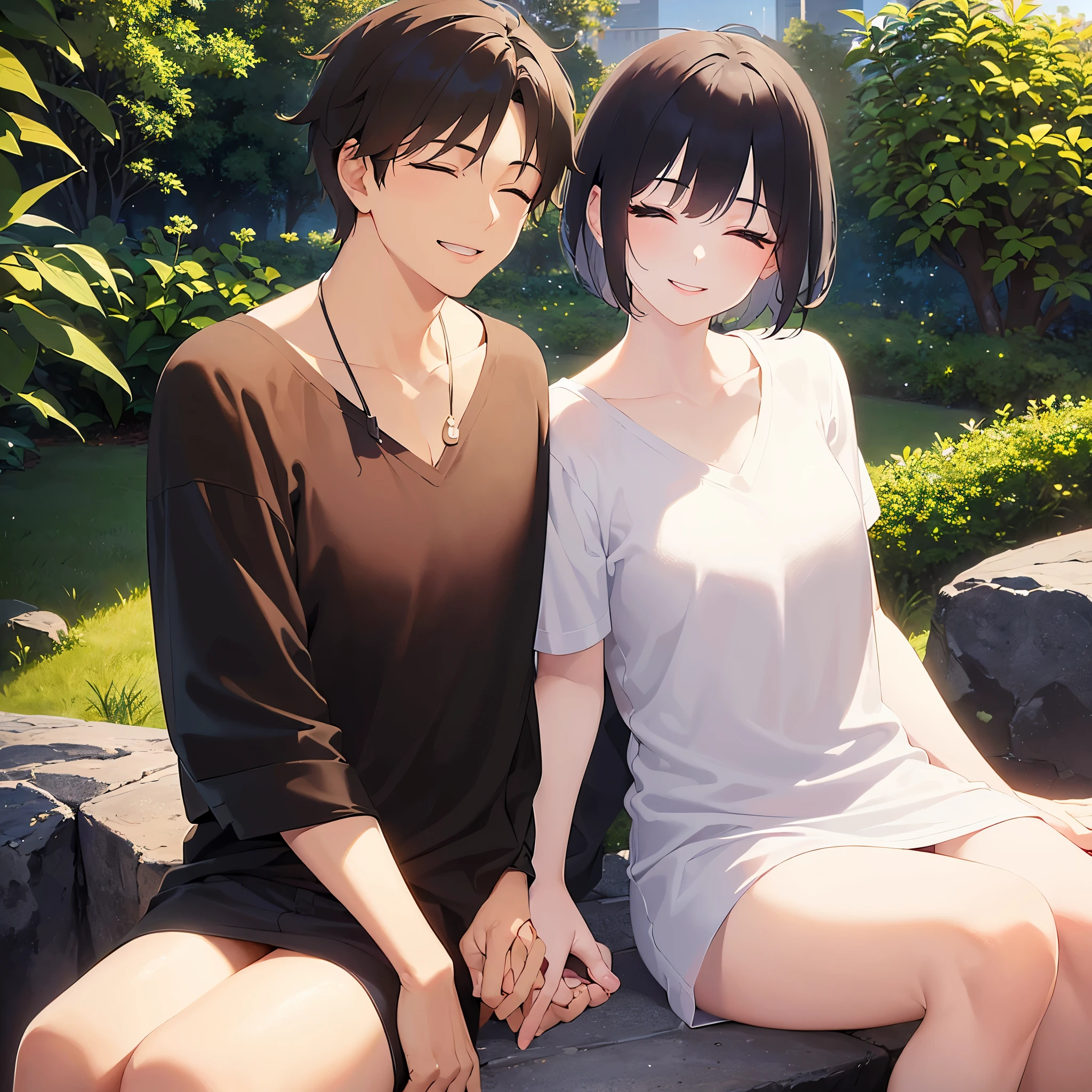 A couple laughing with their eyes closed、（Night Sky：1.5）、grass、（Night Park：1.5）、
 Realistic, real person, (pale skin: 1.2), RAW photo, photorealistic, shiny skin, shiny hair、
BREAK(A 25-year-old woman with medium-length hair and bangs) and (wavy hair) and (brown hair) and(white) and (T-shirt) and (V neck) and cleavage and(smile with closed eyes)BREAK,
BREAK(30-year-old male:1.5) and (Black short hair)and(black) and (T-Shirts)and(smile with closed eyes)BREAK