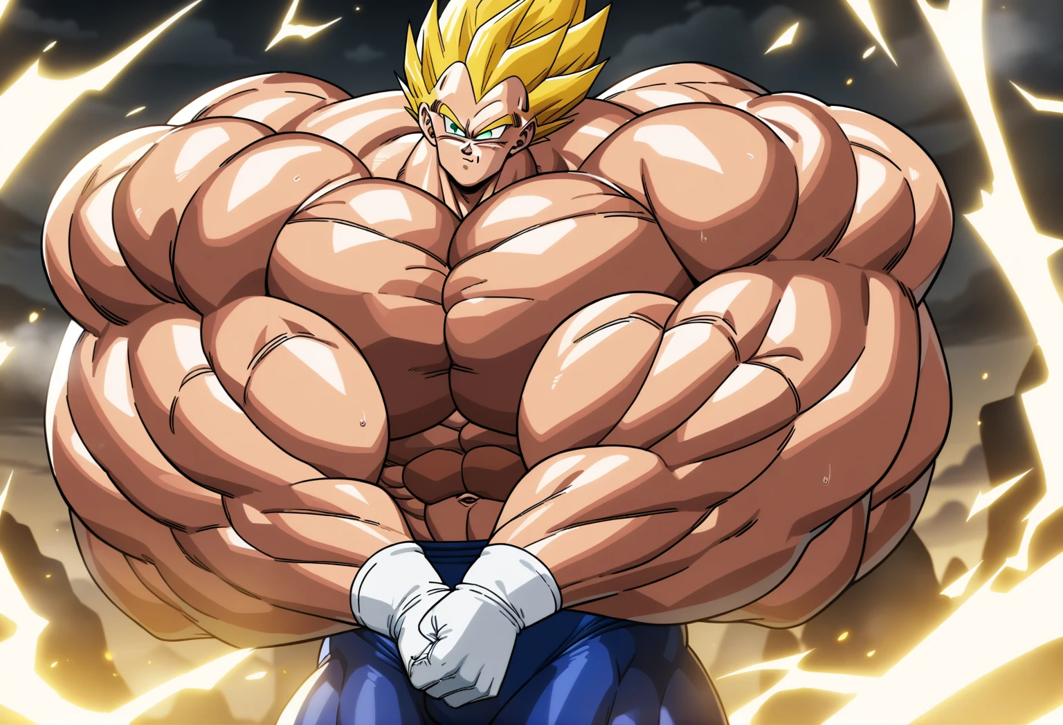 1boy, Vegeta, from Dragon Ball Z, masterpiece, best quality, very aesthetic, absurdres, saiyan, green eyes, spiked hair, (yellow hair:1.5), shirtless, blue skintight pants, white gloves, (huge muscles:2.5), dragonballartstyle, in the style of Akira Toriyama, white tiled floor, outdoors, flat-top mountains, nipples, yellow aura, electricity